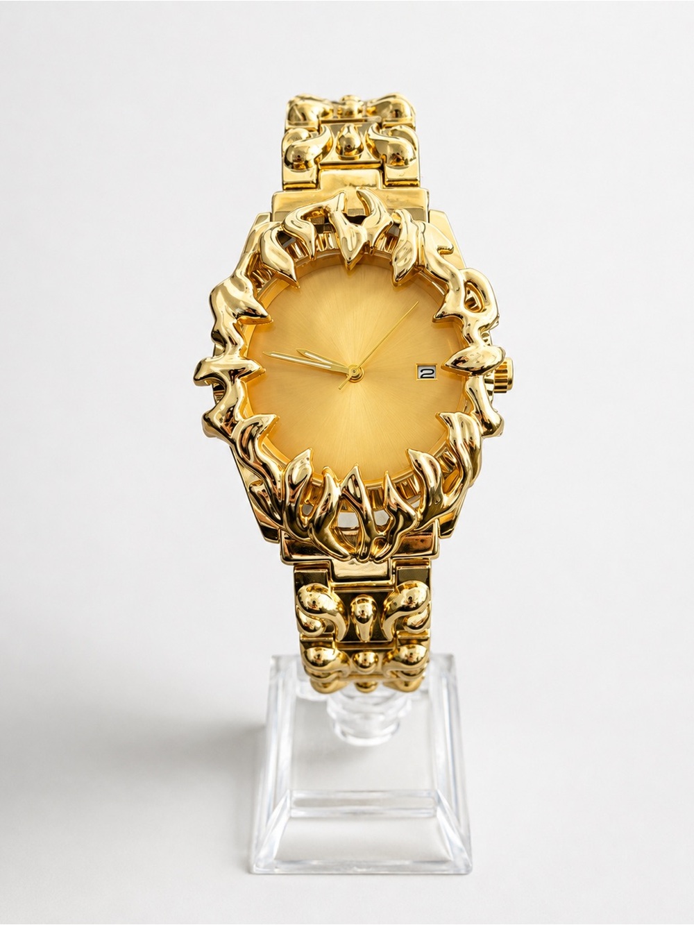Gold Statement Watch Ornate Sculpted Flame Design Luxury Style